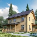 Проект дома «Л-150ВВ» из СИП-панелей, 150 м² — двухэтажный деревянный дом со светлой отделкой и крытой террасой | HotWell.KZ
