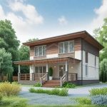 Проект дома «Л-186» из СИП-панелей, 186 м² — двухэтажный дом с белой штукатуркой, деревянной отделкой и террасой | HotWell.KZ