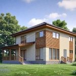 Проект дома «Л-171» из СИП-панелей, 171 м² — двухэтажный дом из светлого кирпича с деревянными вставками и террасой | HotWell.KZ