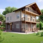 Проект дома «Л-426» из СИП-панелей, 426 м² — трёхэтажный дом с фасадом из тёмного кирпича и штукатурки, деревянные балконы | HotWell.KZ