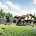 Проект дома «Л-537» из СИП-панелей, 537 м² — двухэтажный дом с жёлтой обшивкой, каменный цоколь, крытая терраса | HotWell.KZ