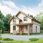 Проект дома «М-141» из СИП-панелей, 141 м² — дом с мансардой, светлый сайдинг и каменные колонны, крыльцо | HotWell.KZ