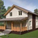 Проект дома «М-131ББ» из СИП-панелей, 131 м² — двухэтажный дом с бежевой штукатуркой и крытой террасой | HotWell.KZ