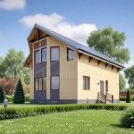 Проект дома «М-160» из СИП-панелей, 160 м² — дом с мансардой, жёлтая штукатурка, панорамные окна, крыльцо, серая крыша | HotWell.KZ