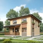 Проект дома «М-137» из СИП-панелей, 137 м² — двухэтажный дом, бежевая штукатурка, крытая терраса и цветочные ящики | HotWell.KZ