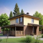 Проект дома «М-128» из СИП-панелей, 128 м² — двухэтажный дом с кирпичным низом, бежевой штукатуркой и крытой террасой | HotWell.KZ