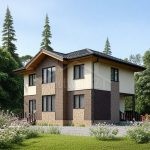 Проект дома «М-166» из СИП-панелей, 166 м² — двухэтажный дом с коричневым кирпичом, штукатуркой и навесом | HotWell.KZ