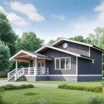 Проект дома «М-151ББ» из СИП-панелей, 151 м² — одноэтажный дом с тёмно-серым сайдингом и каменным цоколем, крыльцо с навесом | HotWell.KZ