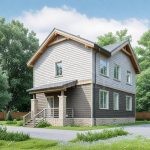 Проект дома «М-182» из СИП-панелей, 182 м² — двухэтажный дом со светло-серым сайдингом и каменным цоколем, крыльцо с навесом | HotWell.KZ