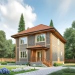 Проект дома «М-181ББ» из СИП-панелей, 181 м² — двухэтажный дом с серым сайдингом, деревом и красной крышей | HotWell.KZ