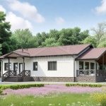 Проект дома «М-151» из СИП-панелей, 151 м² — одноэтажный дом с белой штукатуркой и коричневой крышей, крытая терраса | HotWell.KZ