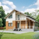 Проект дома «М-180» из СИП-панелей, 180 м² — дом с мансардой, светлым сайдингом и кирпичным низом, крытой террасой и балконом | HotWell.KZ