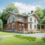 Проект дома «М-329» из СИП-панелей, 329 м² — двухэтажный дом с мансардой, фасад из штукатурки и дерева, каменный цоколь, крытая терраса | HotWell.KZ