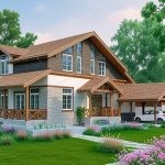 Проект дома «М-336» из СИП-панелей, 336 м² — двухэтажный дом с мансардой, белая штукатурка, дерево и камень, терраса и навес для машины | HotWell.KZ