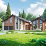 Проект дома «М-354» из СИП-панелей, 354 м² — двухэтажный дом из красного кирпича и белой штукатурки с гаражом и панорамными окнами | HotWell.KZ