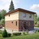 Проект дома «В-150ВВ» из СИП-панелей, 150 м² — двухэтажный дом с бежевой штукатуркой, кирпичом и крыльцом | HotWell.KZ