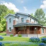 Проект дома «В-172» из СИП-панелей, 172 м² — двухэтажный дом из белого кирпича с террасой и деревянными перилами | HotWell.KZ
