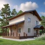 Проект дома «В-136» из СИП-панелей, 136 м² — двухэтажный дом с бежевой штукатуркой, террасой и крыльцом | HotWell.KZ