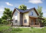 Проект дома «Л-168ББ» из СИП-панелей, 168 м² — дом с мансардой, серый кирпич и бежевая штукатурка, терраса под навесом | HotWell.KZ