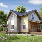 Проект дома «Л-168ББ» из СИП-панелей, 168 м² — дом с мансардой, серый кирпич и бежевая штукатурка, терраса под навесом | HotWell.KZ