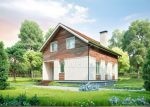 Проект дома «Л-180» из СИП-панелей, 180 м² — дом с мансардой, белая штукатурка и деревянная обшивка, коричневая двускатная крыша | HotWell.KZ