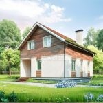 Проект дома «Л-180» из СИП-панелей, 180 м² — дом с мансардой, белая штукатурка и деревянная обшивка, коричневая двускатная крыша | HotWell.KZ
