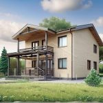 Проект дома «М-152» из СИП-панелей, 152 м² — двухэтажный дом из светлого кирпича с балконом и террасой | HotWell.KZ