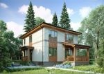 Проект дома «Н-176» из СИП-панелей, 176 м² — двухэтажный дом с белым оштукатуренным фасадом, деревянными вставками и террасой | HotWell.KZ