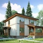 Проект дома «Н-176» из СИП-панелей, 176 м² — двухэтажный дом с белым оштукатуренным фасадом, деревянными вставками и террасой | HotWell.KZ