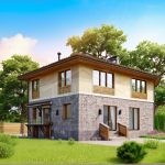 Проект дома «Н-179» из СИП-панелей, 179 м² — двухэтажный дом со штукатуркой, каменным цоколем и панорамными окнами | HotWell.KZ