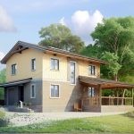 Проект дома «Н-194ББ» из СИП-панелей, 194 м² — двухэтажный дом с желтой штукатуркой, каменным цоколем и террасой | HotWell.KZ