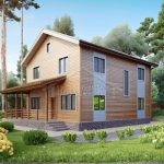 Проект дома «Н-201» из СИП-панелей, 201 м² — двухэтажный дом с деревянным сайдингом и верандой | HotWell.KZ