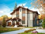 Проект дома «Н-254» из СИП-панелей, 254 м² — двухэтажный дом с мансардой, фасад из светлого сайдинга, дерева и камня, гараж | HotWell.KZ