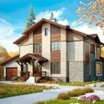 Проект дома «Н-254» из СИП-панелей, 254 м² — двухэтажный дом с мансардой, фасад из светлого сайдинга, дерева и камня, гараж | HotWell.KZ