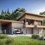 Проект дома «Н-223» из СИП-панелей, 223 м² — двухэтажный современный дом из дерева и серого камня, односкатная крыша, балкон и гараж | HotWell.KZ