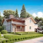 Проект дома «Н-367» из СИП-панелей, 367 м² — дом с мансардой, бежевый фасад из камня, коричневая крыша, гараж и терраса | HotWell.KZ