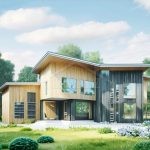 Проект дома «Н-468» из СИП-панелей, 468 м² — двухэтажный дом с деревянным фасадом, панорамными окнами и необычной крышей | HotWell.KZ
