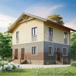 Проект дома «О-147» из СИП-панелей, 147 м² — двухэтажный дом с жёлтой штукатуркой и кирпичным цоколем, крыльцо со ступенями | HotWell.KZ