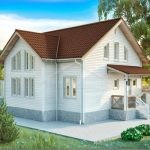 Проект дома «О-168» из СИП-панелей, 168 м² — дом с мансардой с белым сайдингом, коричневой крышей и крыльцом с навесом | HotWell.KZ