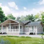 Проект дома «О-156» из СИП-панелей, 156 м² — одноэтажный дом с каменным фасадом, террасой и белыми перилами | HotWell.KZ
