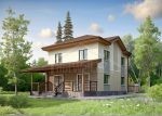 Проект дома «О-190» из СИП-панелей, 190 м² — двухэтажный дом со светлой штукатуркой, террасой и крыльцом | HotWell.KZ