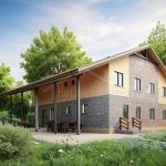 Проект дома «О-288» из СИП-панелей, 288 м² — двухэтажный дом с фасадом из серого кирпича и жёлтой штукатурки, большая крытая терраса | HotWell.KZ