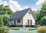 Проект дома «Ш-142» из СИП-панелей, 142 м² — дом с мансардой, белая штукатурка и тёмная двускатная крыша, крыльцо | HotWell.KZ