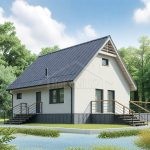 Проект дома «Ш-142» из СИП-панелей, 142 м² — дом с мансардой, белая штукатурка и тёмная двускатная крыша, крыльцо | HotWell.KZ