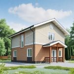 Проект дома «Щ-148» из СИП-панелей, 148 м² — двухэтажный дом из бежевого и коричневого кирпича с крыльцом | HotWell.KZ