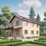 Проект дома «Щ-140» из СИП-панелей, 140 м² — двухэтажный оштукатуренный дом с красной крышей и крытой террасой | HotWell.KZ