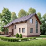 Проект дома «Ю-150» из СИП-панелей, 150 м² — двухэтажный дом из светлого кирпича с крыльцом и двускатной крышей | HotWell.KZ