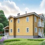 Проект дома «Ю-187» из СИП-панелей, 187 м² — двухэтажный дом с жёлтой деревянной обшивкой и балконом | HotWell.KZ