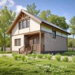 Проект дома «Х-150» из СИП-панелей, 150 м² — дом с мансардой, штукатуркой и деревянной отделкой, крыльцом | HotWell.KZ