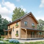 Проект дома «Х-150ББ» из СИП-панелей, 150 м² — двухэтажный дом с деревянной обшивкой, тёмной крышей и крытой террасой | HotWell.KZ